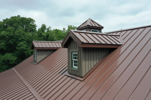 Roofing company in ann arbor shows a photo of a new, red metal roof on home.